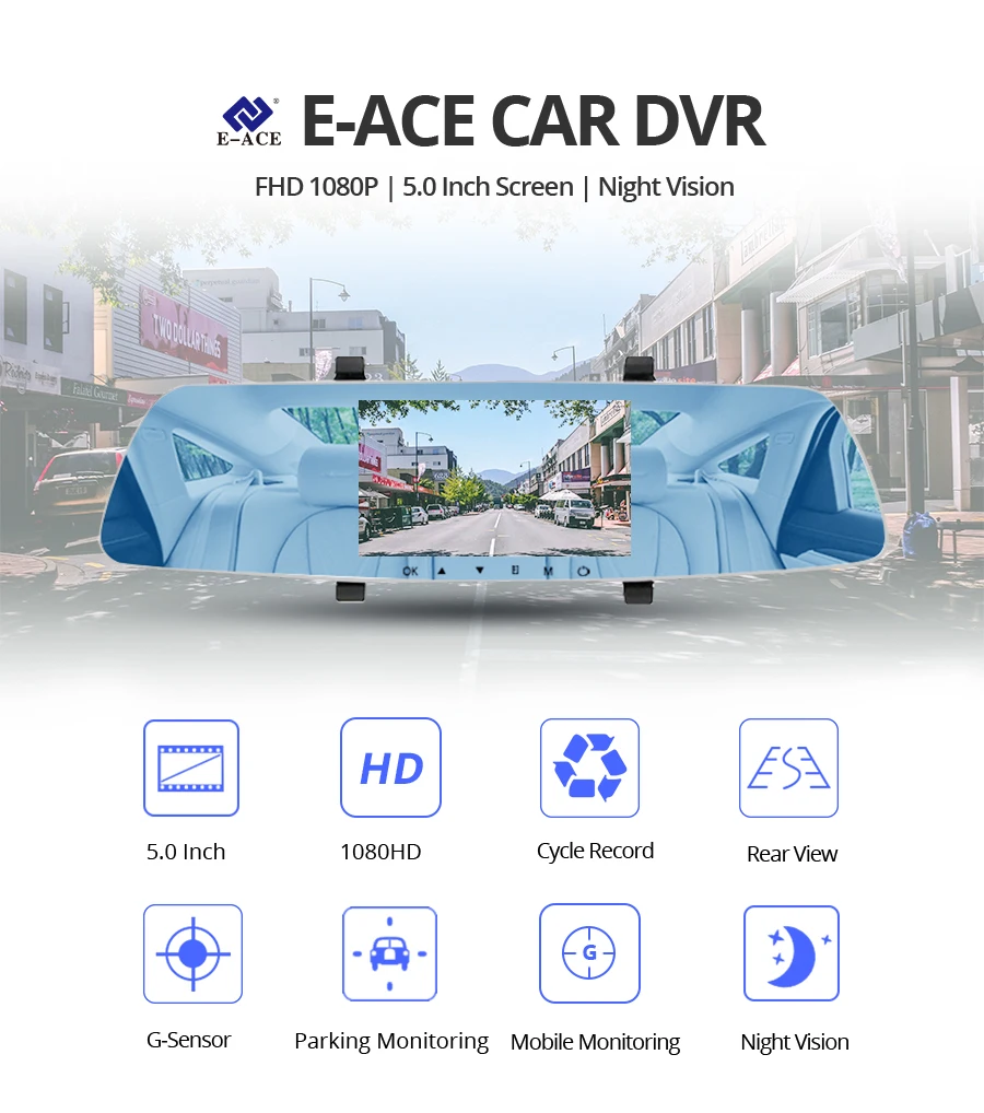 E ACE Автомобильный видеорегистратор FHD 1080P Зеркало заднего вида g сенсором DashCam