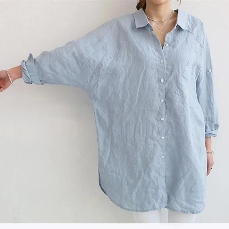 Блузка женская хлопково-Льняная в Корейском стиле свободная размера плюс