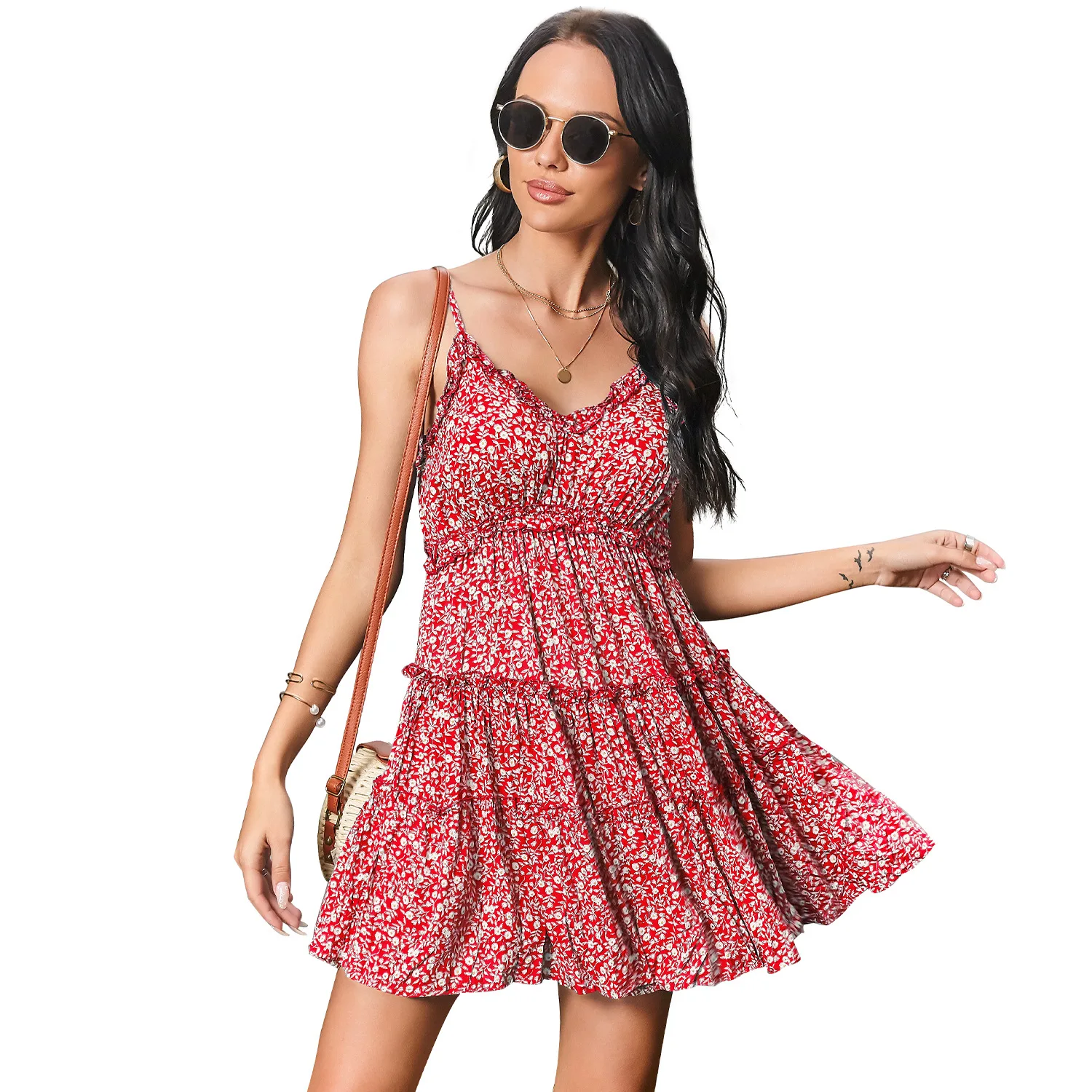

Original Designer of Summer Women's Wear Designs Floral Suspenders Holiday and Leisure V-neck Open Back Dress Wrap Beach Dress