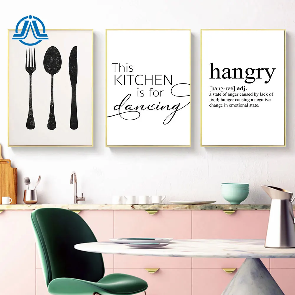 

Minimalist Canvas Painting Knife And Fork Posters And Prints Black White Hangry Quote Wall Art Kitchen Picture On The Wall Decor