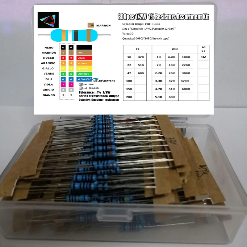 

300PCS 1/2W 1% 0.5W 10 Ohm ~1M Metal Film Resistance 30Values*10Pcs Resistor Assorted Kit