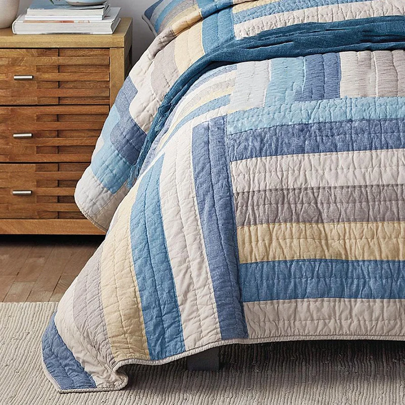 Beste Patchwork Sprei 3 Stuk Quilt Set Met 2 Shams Streep Handgemaakte Gewatteerde Bed Cover Kingsize Dekbed Zomer Deken Op Bed