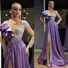 Женское платье с длинным рукавом, фиолетовое облегающее платье с глубоким V-образным вырезом, повседневное базовое платье с бусинами для вечерние на лето