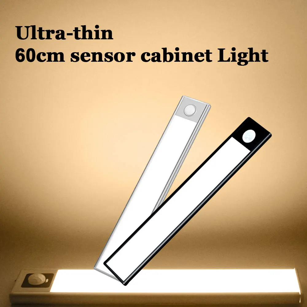 

New LED Light Bar Cabinet Light Ultra-Thin 60CM USB Chargeable Motion Sensor Kitchen Staircase Lamp Aluminum Alloy Night Light