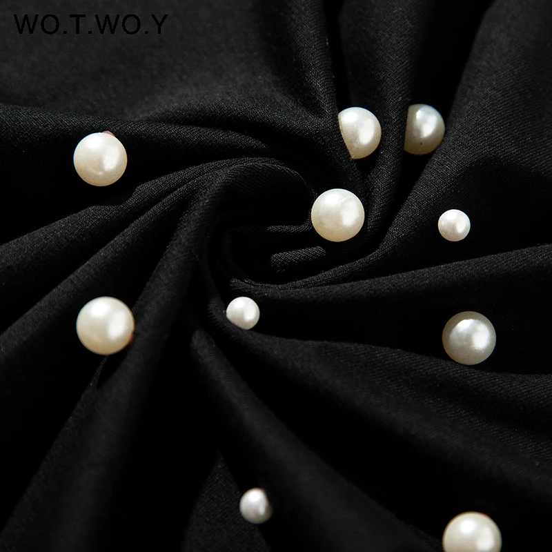 WOTWOY летняя новая футболка с жемчугом и бисером, женские хлопковые Свободные повседневные топы, женские футболки с коротким рукавом и круглым вырезом, черные футболки высокого качества