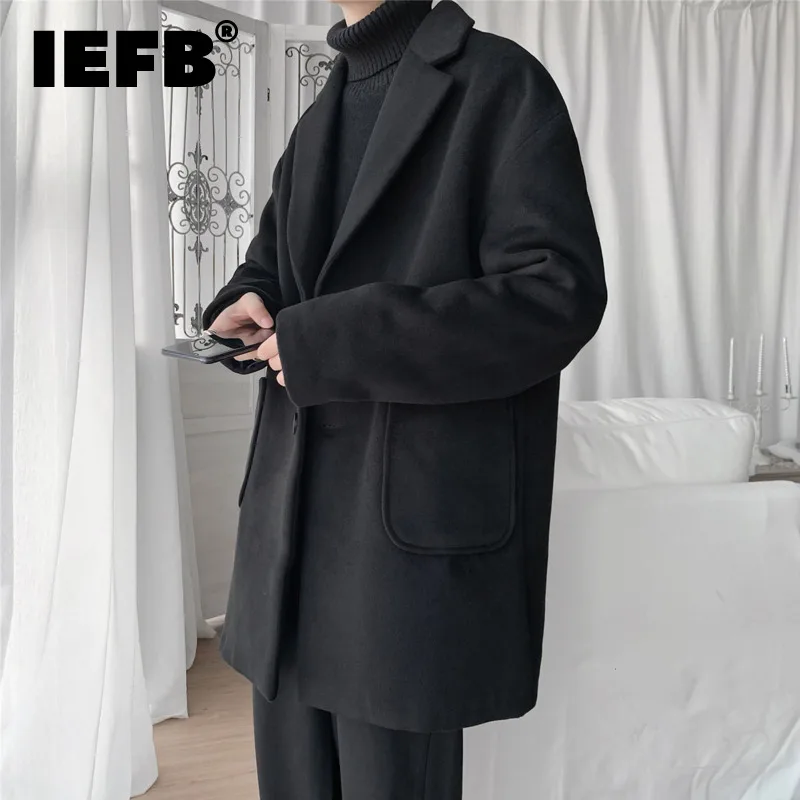 

IEFB Men's Wear Hnotched Collar Larg Size Mid Length Woolen Coat Men'slong Sleeve Single Breasted Double Pockets Cloth 9Y4147