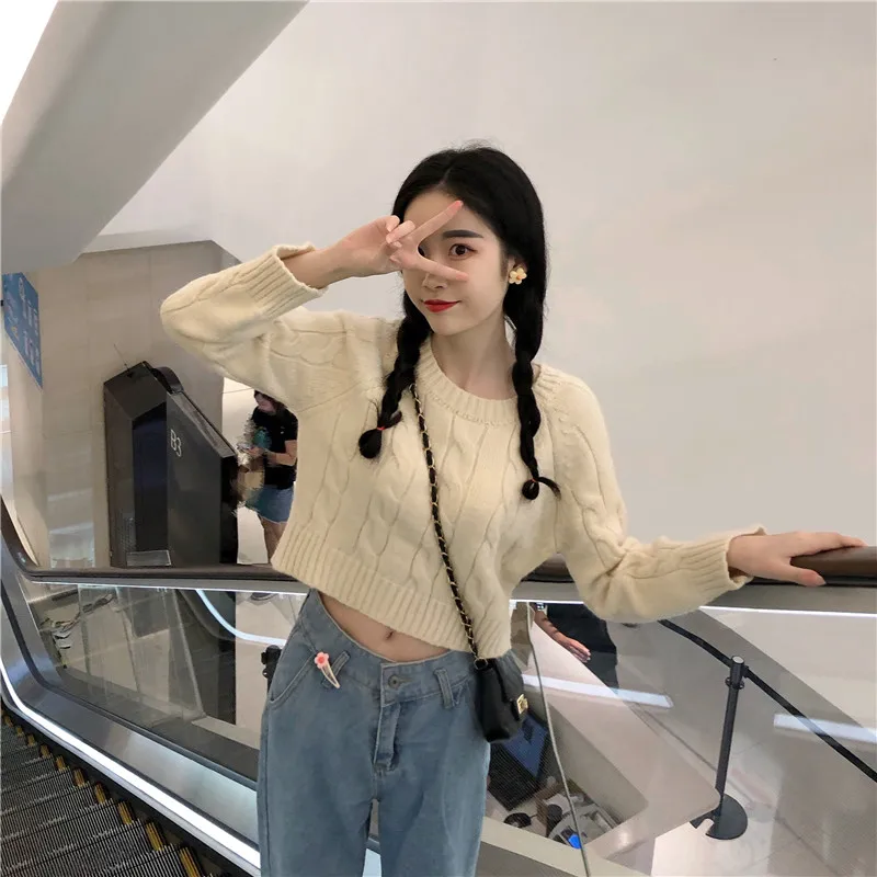 Apricot Autumn Winter New Women's Short Pullovers Sweater Twist Knitting Full Sleeve Solid Fashion Vintage Casual Tops T98506D - Цвет: Apricot
