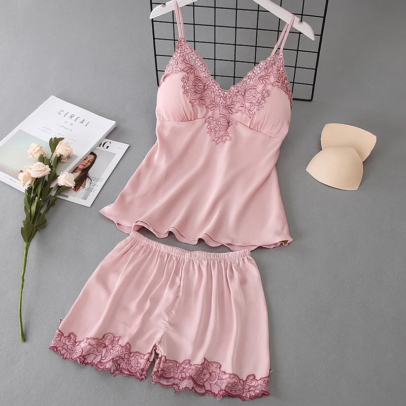 

2021 Summer Women Pajamas Sets With Shorts Silk Homewear Satin Sexy Pijama Sleeveless Pyjamas Thin Sleepwear Chest Pads