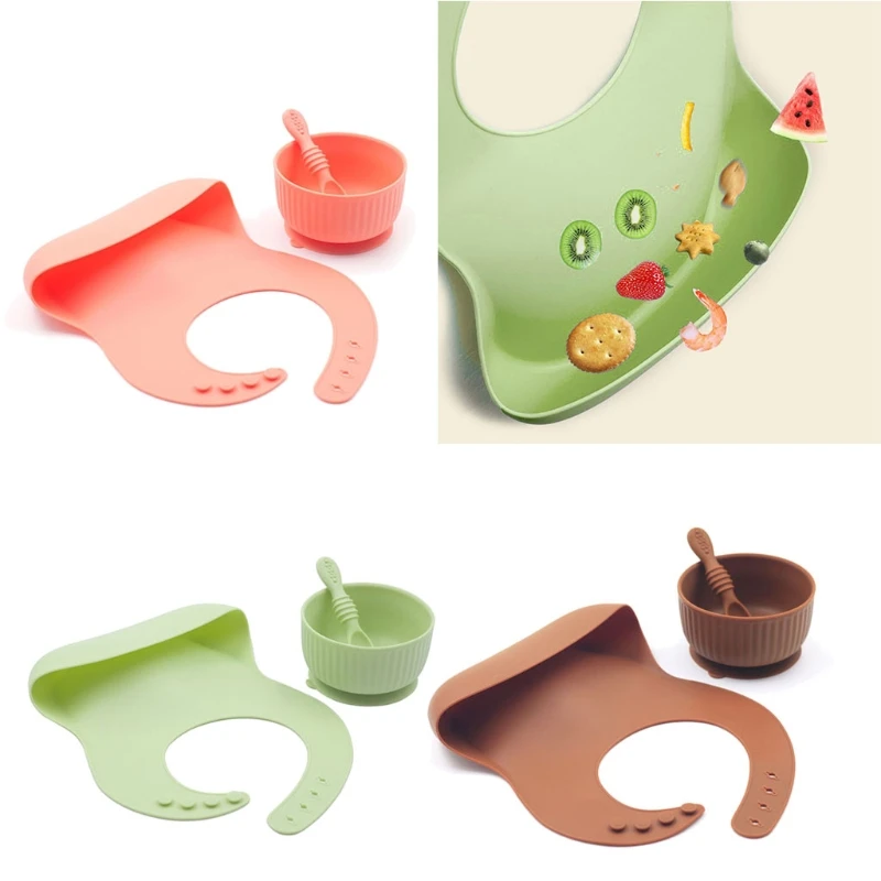 

3 Pcs Baby Silicone Tableware Bib+Suction Bowl+Spoon Set Infants Utensil Dishess