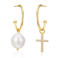 korean style cross earrings dangle asymmetrical baroque pearl open drop earrings cubic zirconia fashion women jewelry gifts