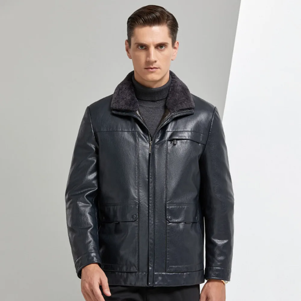

New Wool Lapel Collar Leather Down Jacket Men's Casual Eco-leather Coat Winter Fur Jacket