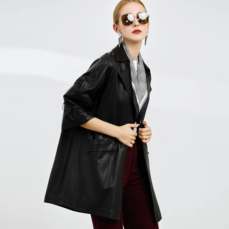 Chaqueta holgada de piel de oveja para mujer, abrigo largo para parabrisas, piel de oveja natural, color negro, 2021, venta al por mayor, 2021