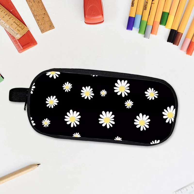 

White Yellow Daisy Flower Black Canvas Pencil Case Creative Large Capacity Side Open Zipper Pencil Bag School Stationery