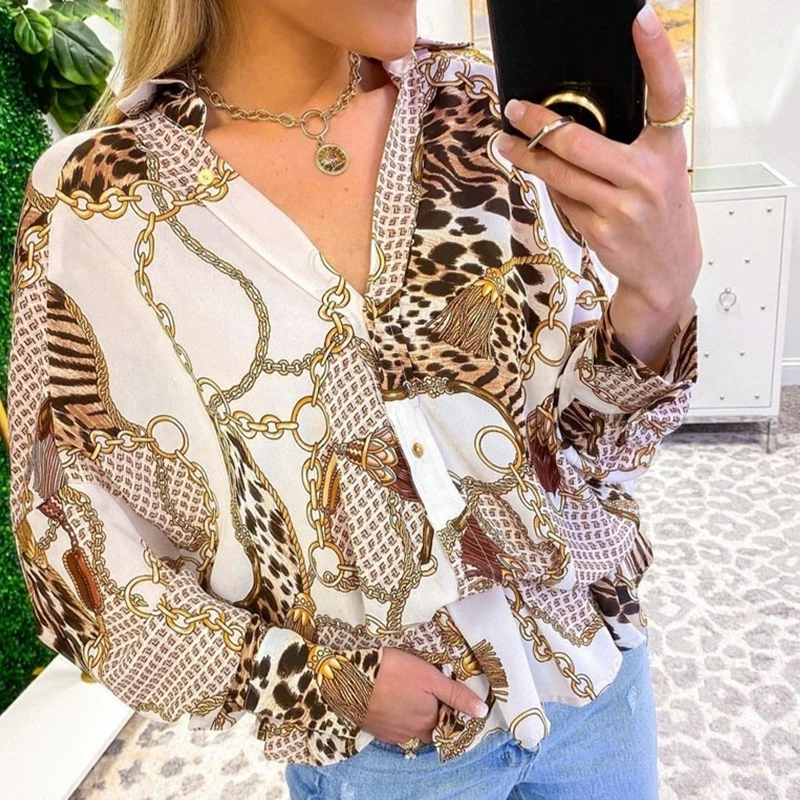 

Mandylandy Chain Printed Shirt Tops Women Long Sleeve V-neck Autumn Fashion Blouses Tops Loose Ruffle Streetwear Shirts Tops