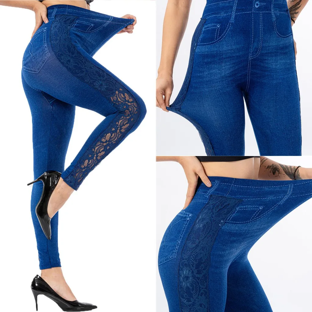 

Women's Casual Imitation Cowboy Leggings Lace High Elasticity Slim Cropped Pants Push Exercise Leggings Building Jegging #G