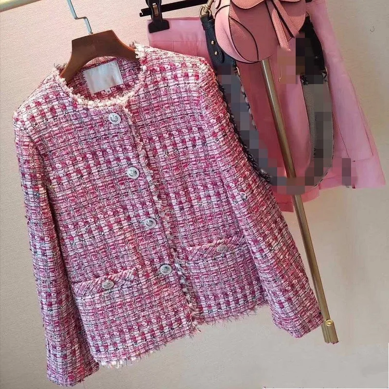 

Women Sweet Pink Tweed Jacket O Neck Weave Plaid Coat Spring Autumn Long Sleeve Single Breasted Short Outerwear Casual Jackets