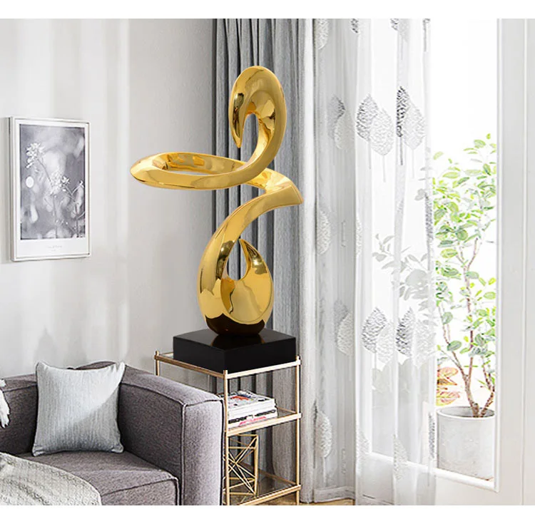 

76Cm Abstract Gold Silver Twisted Lines Resin Ornament Creative Statue Modern Desktop Marble Crafts Artwork Home Office Decor