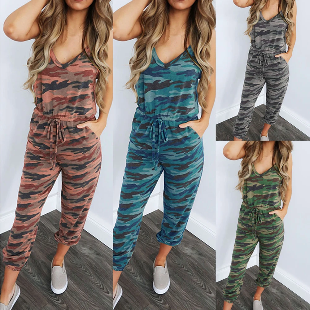 Летние женские сексуальные комбинезоны с камуфляжным принтом на бретельках v