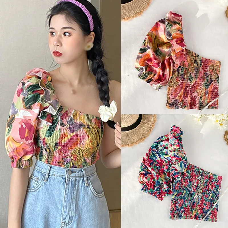 

Women's Chiffon Shirt Korean Floral Floral Ruffled Irregular Sexy Top Slim Short Summer Slash Neck Ladies Tops M