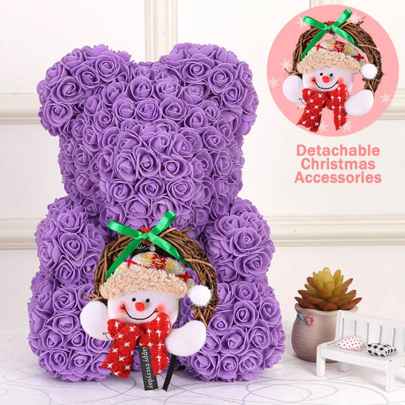 Purple 40cm Christmas Gift 40cm Red Bear Rose Artificial Soap Roses Teddi Bear Eternal Flower Valentine Garland Gift Girl Friend Snowman - Цвет: Purple 40cm