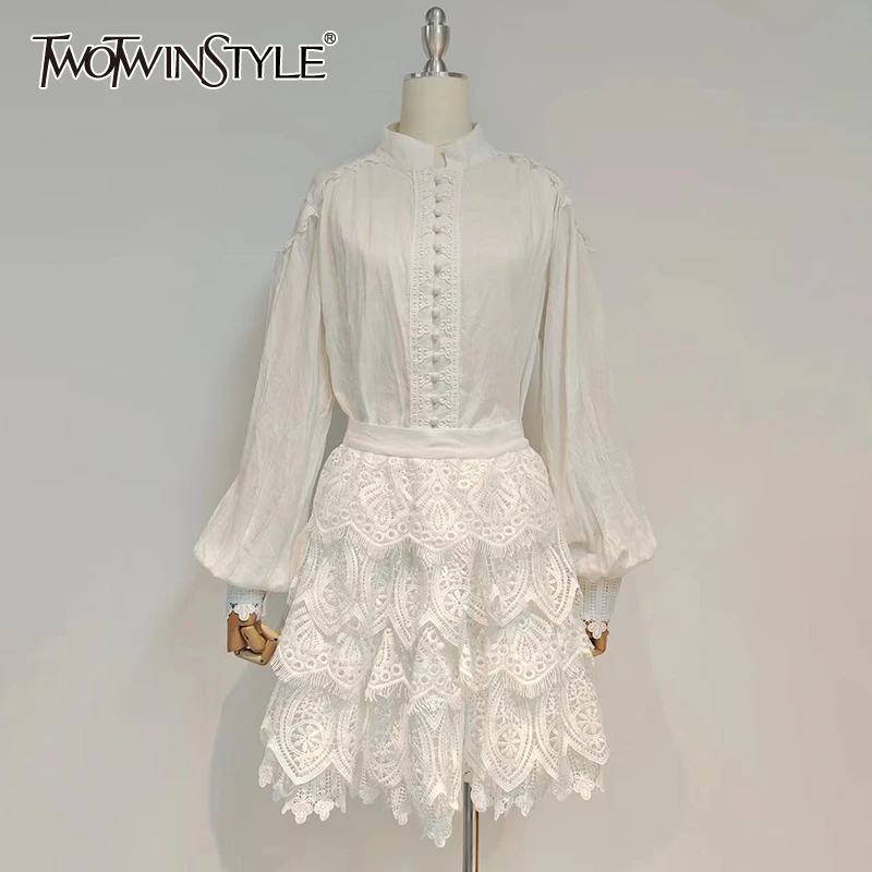 

TWOTWINSTYLE Casual White Dress Sets Females Stand Collar Long Sleeve Shirts High Waist Lace Embroidery Mini Skirts Women's Suit