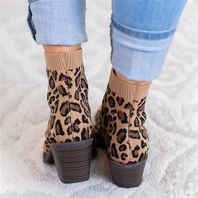 

Women's Leopard Ankle Boot Knitting Woman Sock Boots Fashion Autumn Female Block Chunky Heels Comfortable Ladies Short Botas