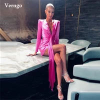 verngo hot pink silk satin short prom party dresses long sleeves deep v neck mini cocktail dress lady sexy fashion garment