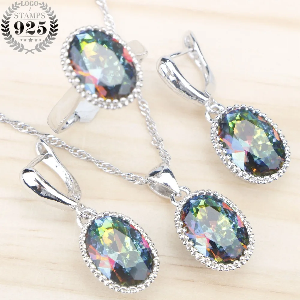 Женский комплект ювелирных изделий из серебра 925 пробы с радужным цирконием
