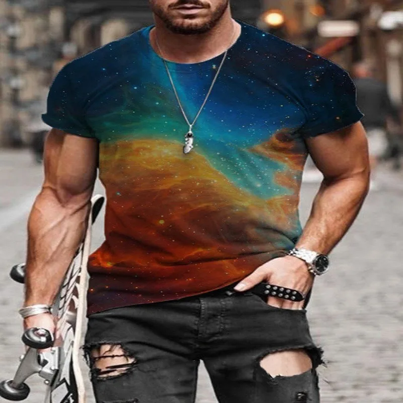 

2021 Summer Tie-dye Printing Short Sleeve Casual Tops Men's O-neck Pullover Oversized T-shirt