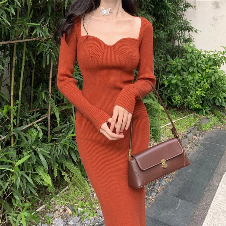 

Платья для женщин 2021 сексуальное трикотажное облегающее платье без бретелек в рубчик женский зимний свитер средней длины с длинным рукавом...