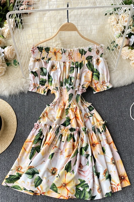 

2021 summer new fashion women sweet Beach Style Slash neck Puff Sleeve printed empire short dress vestido feminino J226