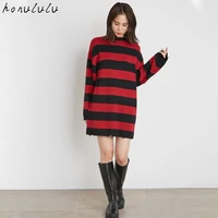 2021 autumn new style japanese retro elegant striped long sleeved knit dress women