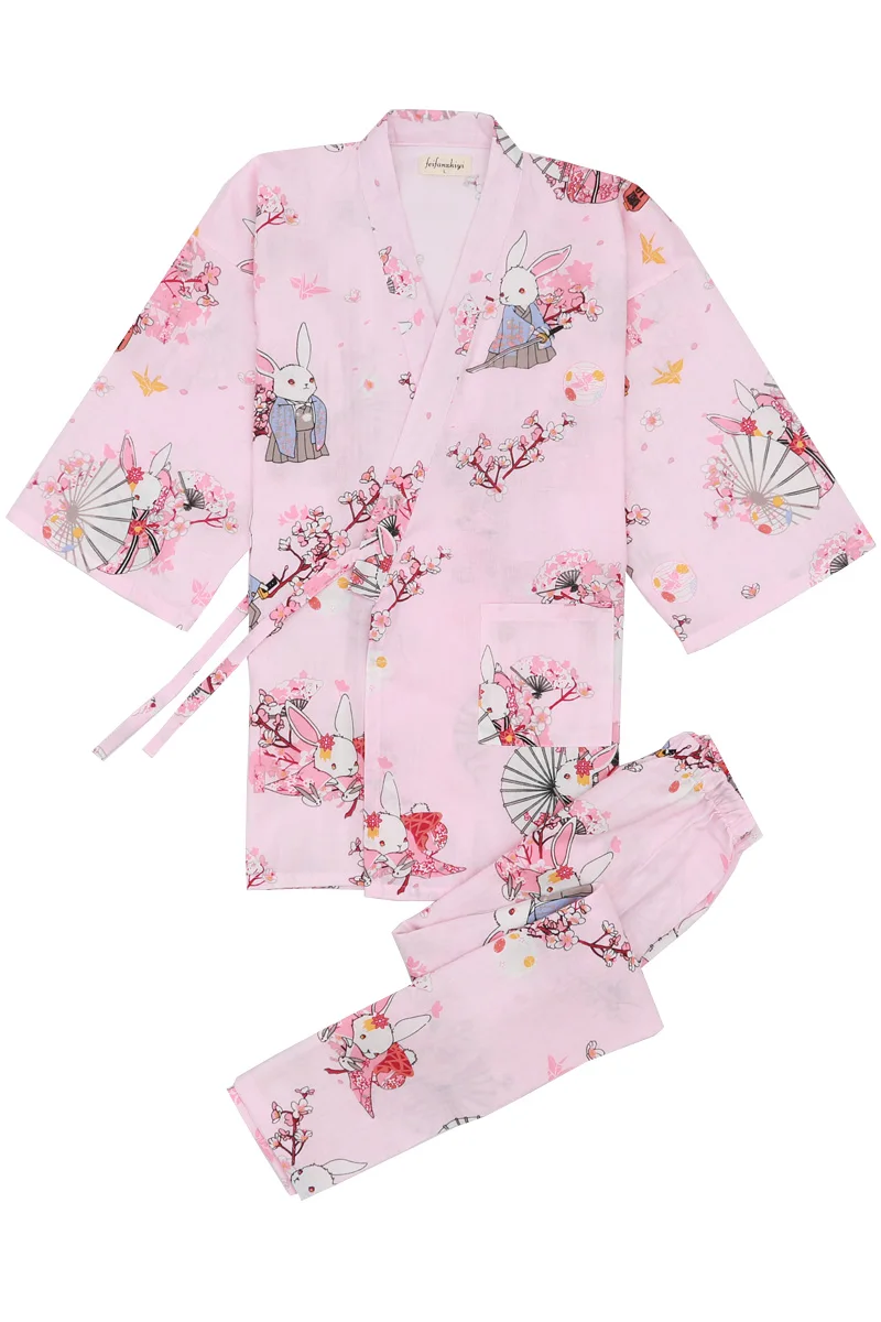 Японской традиции Стиль с милым принтом из хлопка и льна пижамные брюки для