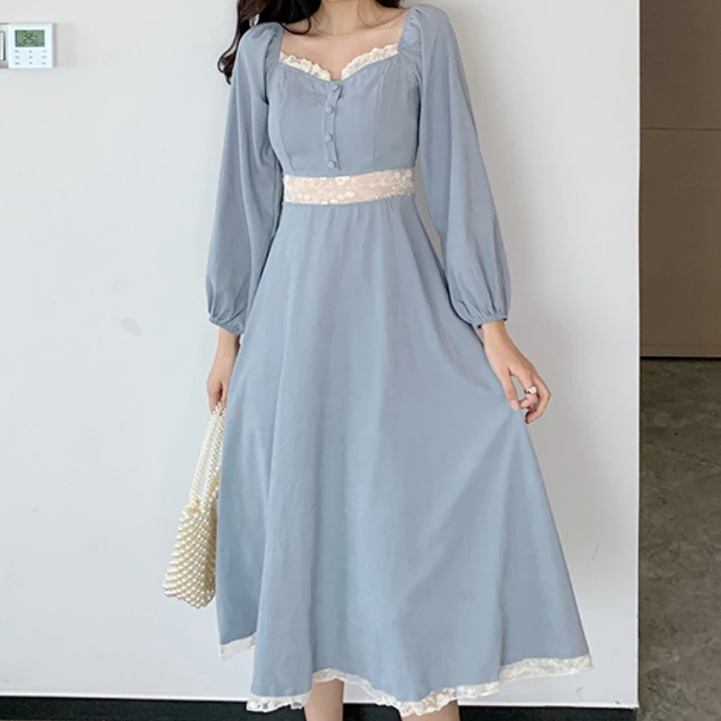 

Women Stylish Lace Patchwork Single-Breasted Dress Vintage Square Neck A-Line Long Sleeve Vestidos Autumn Female Slim Outerwear