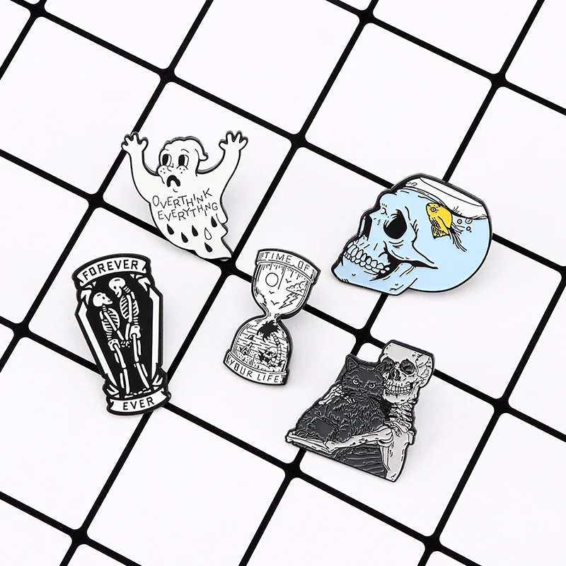 Время песочных часов булавки Скелет любовь броши призрак значки сумка джинсовая