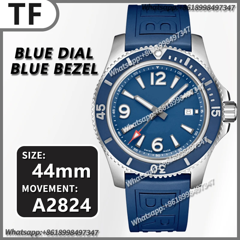 

Men's Automatic Mechanical Watch 44MM Superocean TF 1:1 Best Edition Blue Dial Blue Bezel on Blue Rubber Strap A2824 AAA Replica