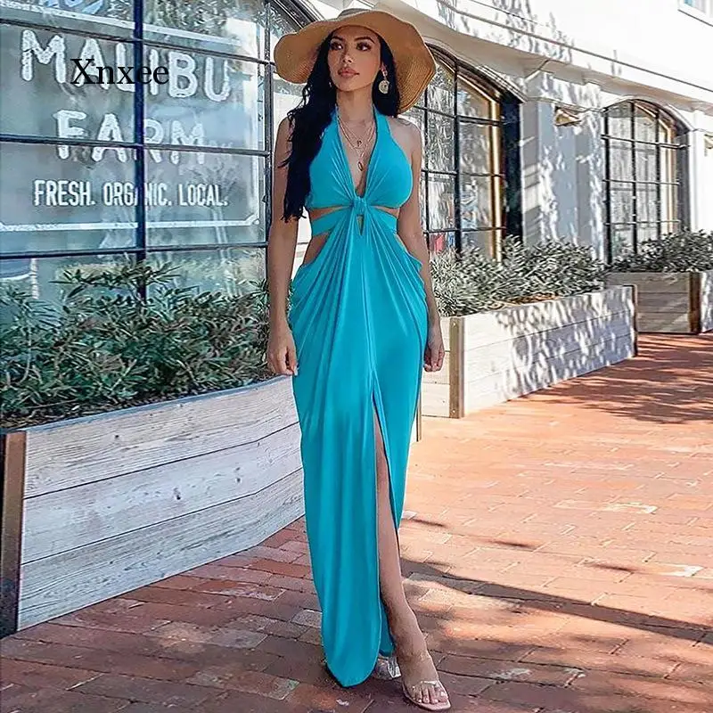 

Летнее женское сексуальное длинное платье с открытой спиной и V-образным вырезом, длинное платье с запахом и открытой спиной, Бандажное плат...