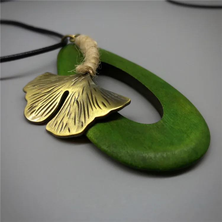 Древний зеленый кулон Любителя кофе овальный деревянный лист Гинкго Ожерелье