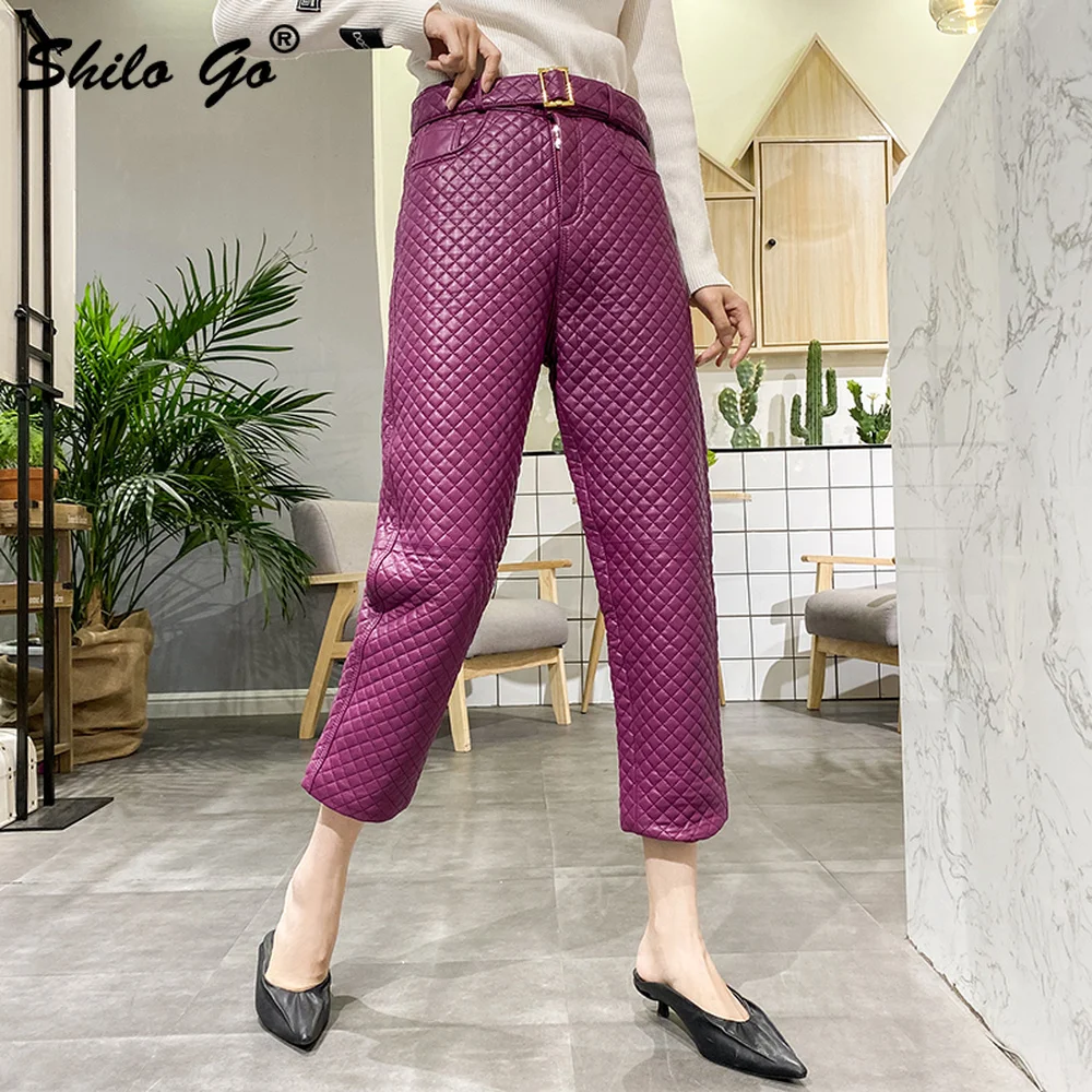 

High Street Thermal Padded Pants Womens Winter Buckle Belted High Waist Genuine Leather Straight Pants Sheepskin Trousers Famles