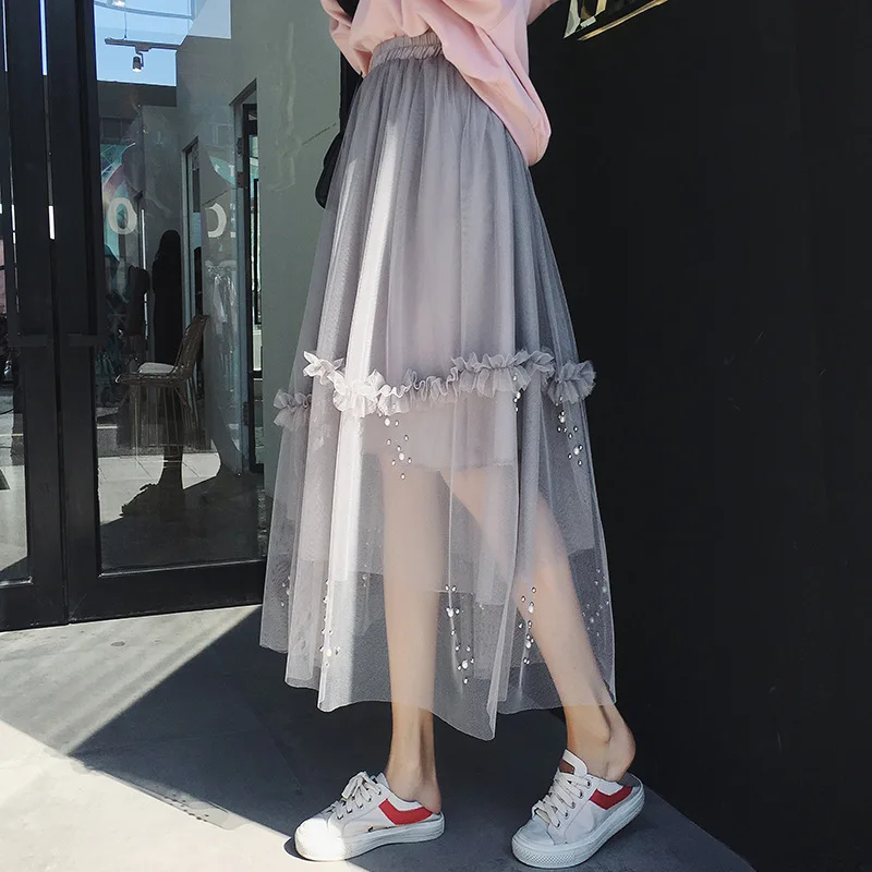 

2022 Summer New Korean Elastic High Waist Slim Simple Pink Mesh Long Skirt Casual Loose Women A-line Pleated Skirt Free Shipping