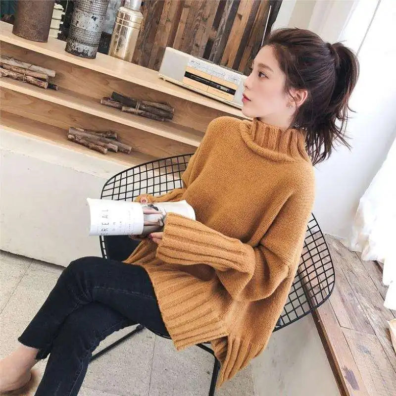 

JSXDHK Autumn and winter New Korean Fashion Loose Hem Split Thick Solid color Pullover Sweater Turtleneck knitting Tops
