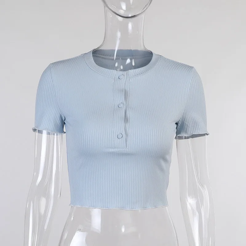 

CNYISHE Sexy Cropped Shirts Women Tshirts Tees Tops Fashion Ribbed Short Sleeve Skinny Button Crop Tops Female Casual T-shirts