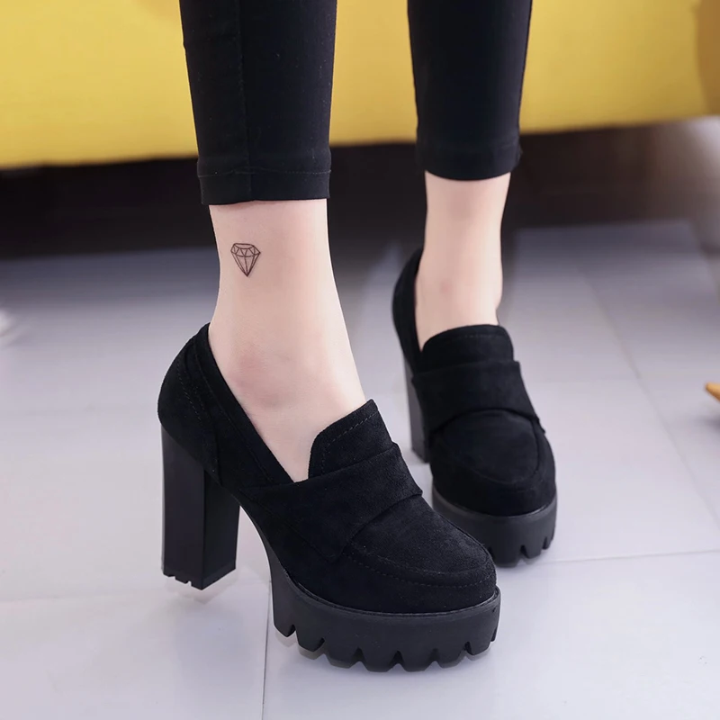 

Women Pumps 10cm Suede high heels thick 2020 round head waterproof platform black single shoes female thick bottom was thin