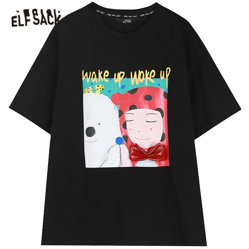 

ELFSACK X Duan Ge Xin Harajuku Cartoon Print Casual T-Shirts Women,2021 Spring ELF Vintage Bows Front Female Basic Summer Tee