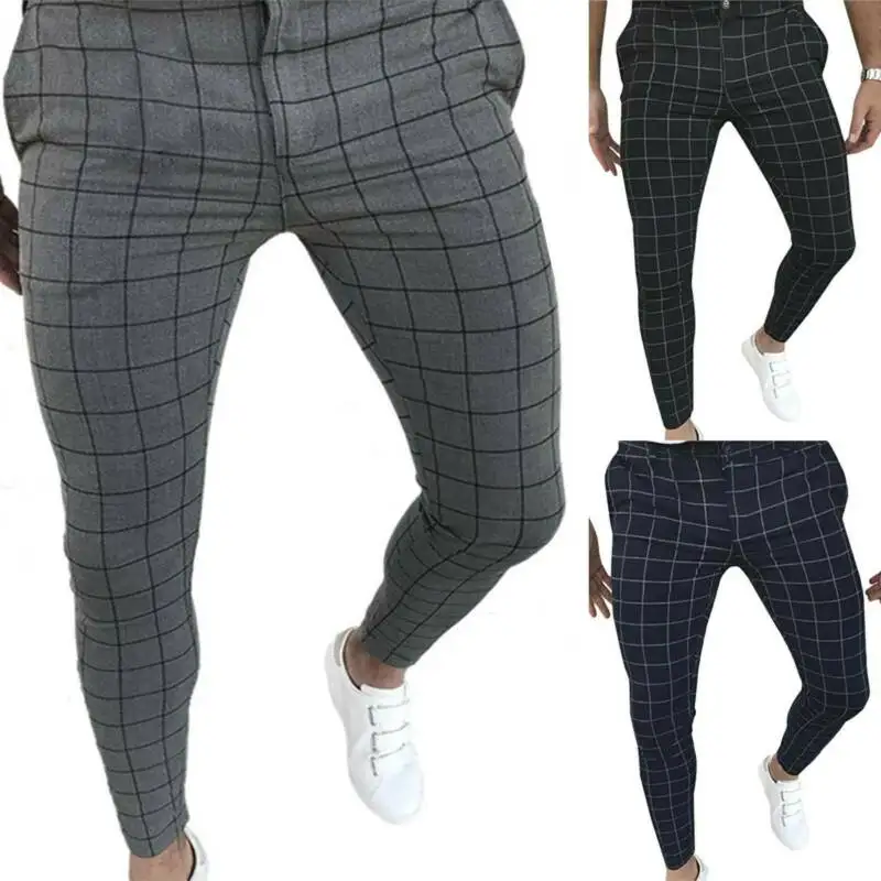 

Men's Plaid Slim-Fit Pencil Pants Formal Casual Wedding Business Slim Trousers