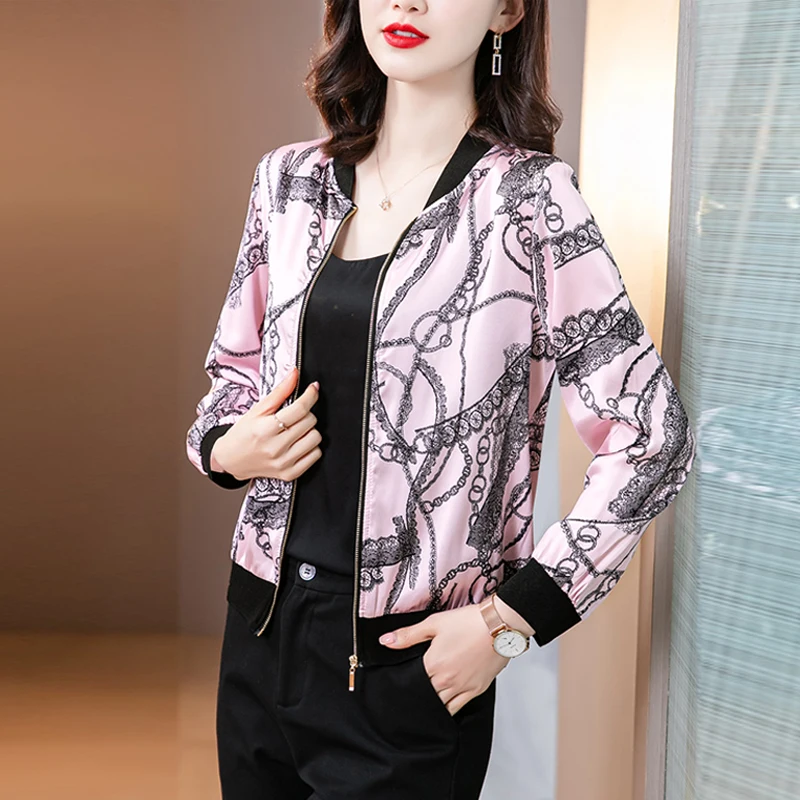 

Женская шелковая куртка-бомбер с длинным рукавом, на молнии