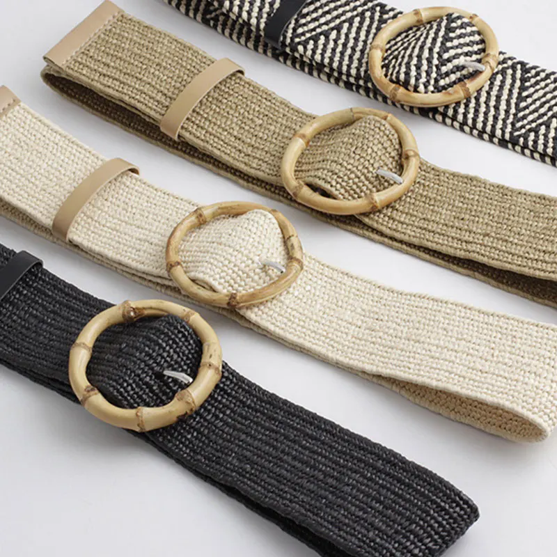 

New Hot Sold Bohemian Wide Belt PP Grass Braided Wide Belt Round Wooden Square Plastic Buckle Waistband Casual Female Wide Strap