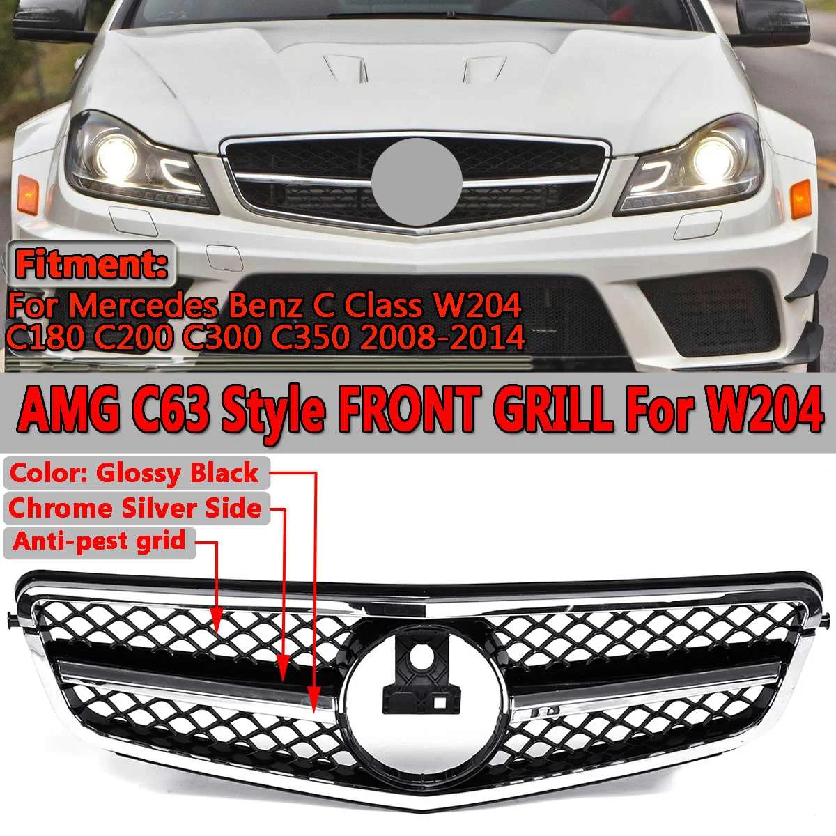 

New Car C63 For AMG Style Car Front Upper Bumper Grille Grill For Mercedes For Benz C Class W204 C180 C200 C300 C350 2008-2014