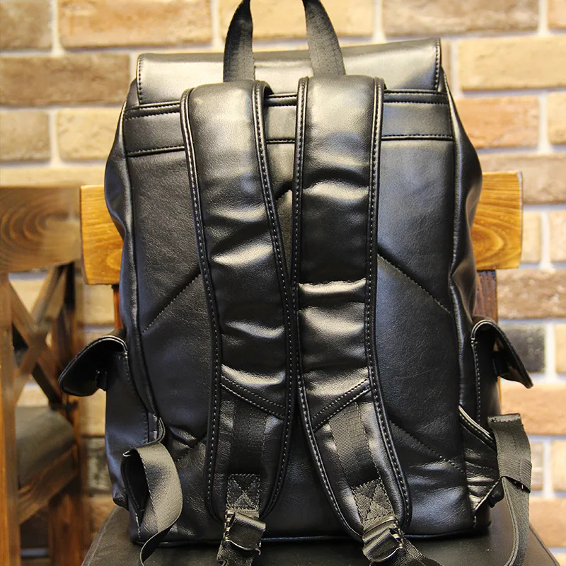 

Korean Fashion Leather Men's Backpack 14" Laptop bag Preppy Style School Bag Casual String Rucksacks
