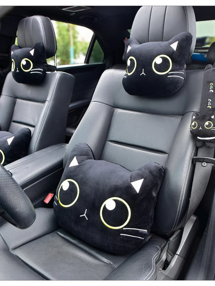 Cute Cat Car Neck Pillow Cartoon Head Headrest Travel Cushion Seatbelt Shoulder Pads Covers Rearview Mirror Cover Interior Seat images - 6